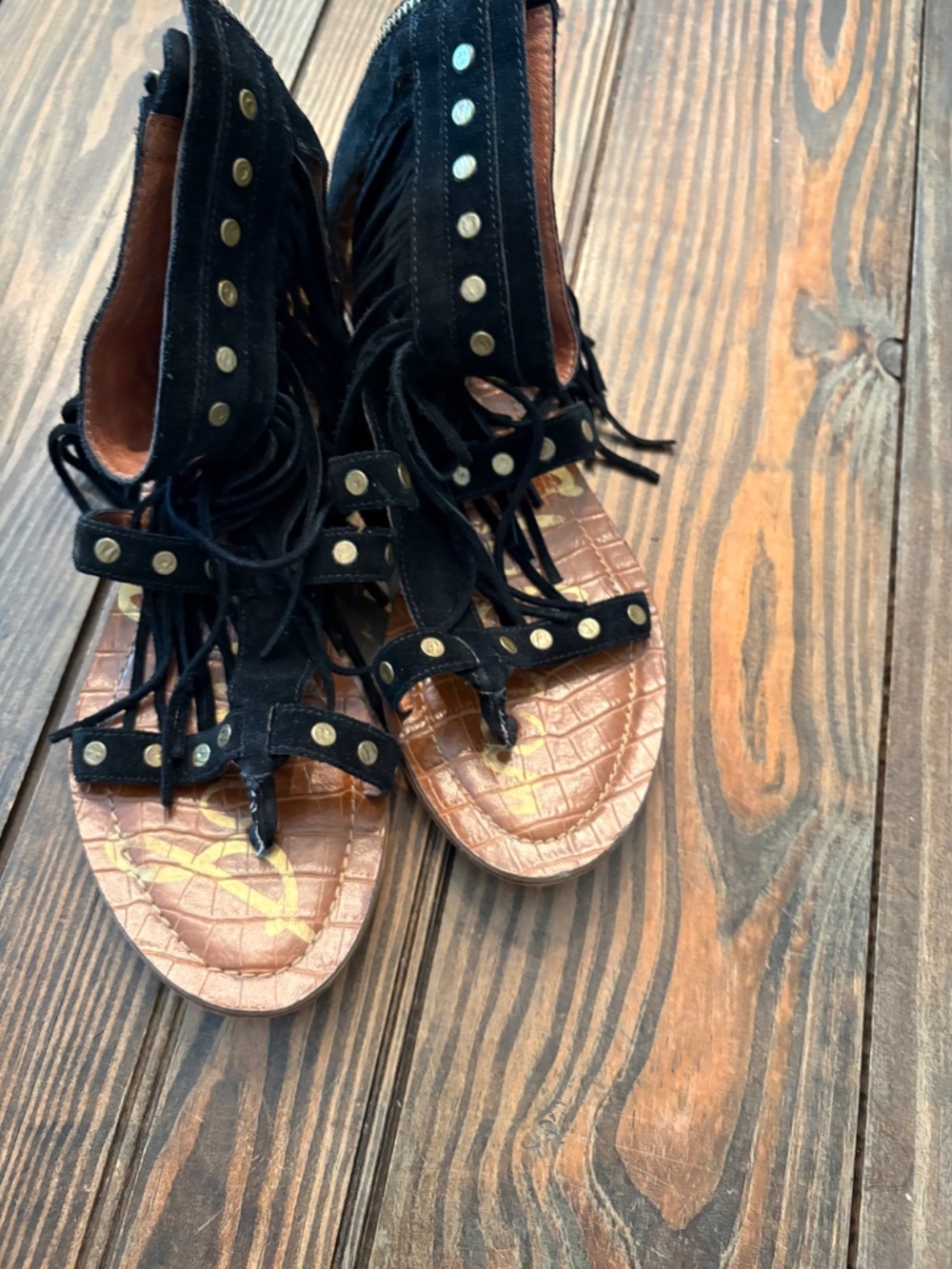 Sam Edelman Studded Tassel Fringe  Back Zip Suede Leather Ankle Wrap Sandals